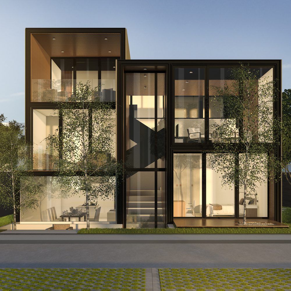 3d rendering black loft modern house in summer